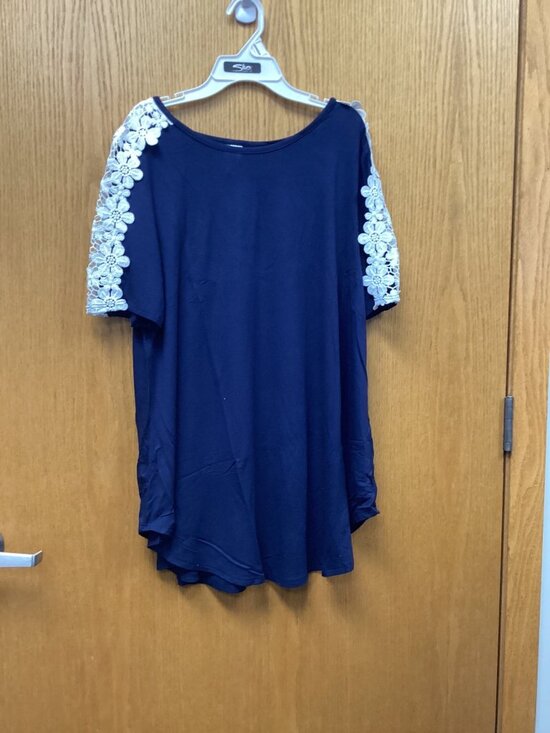 Lazo Tops Tops - 42 Pops Crochet Navy Blue Short Sleeve Shirt With Lace Floral Shoulder